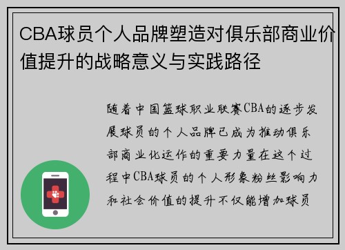 CBA球员个人品牌塑造对俱乐部商业价值提升的战略意义与实践路径 CBA球员个人品牌塑造对俱乐部商业价值提升的战略意义与实践路径