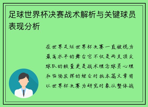 足球世界杯决赛战术解析与关键球员表现分析